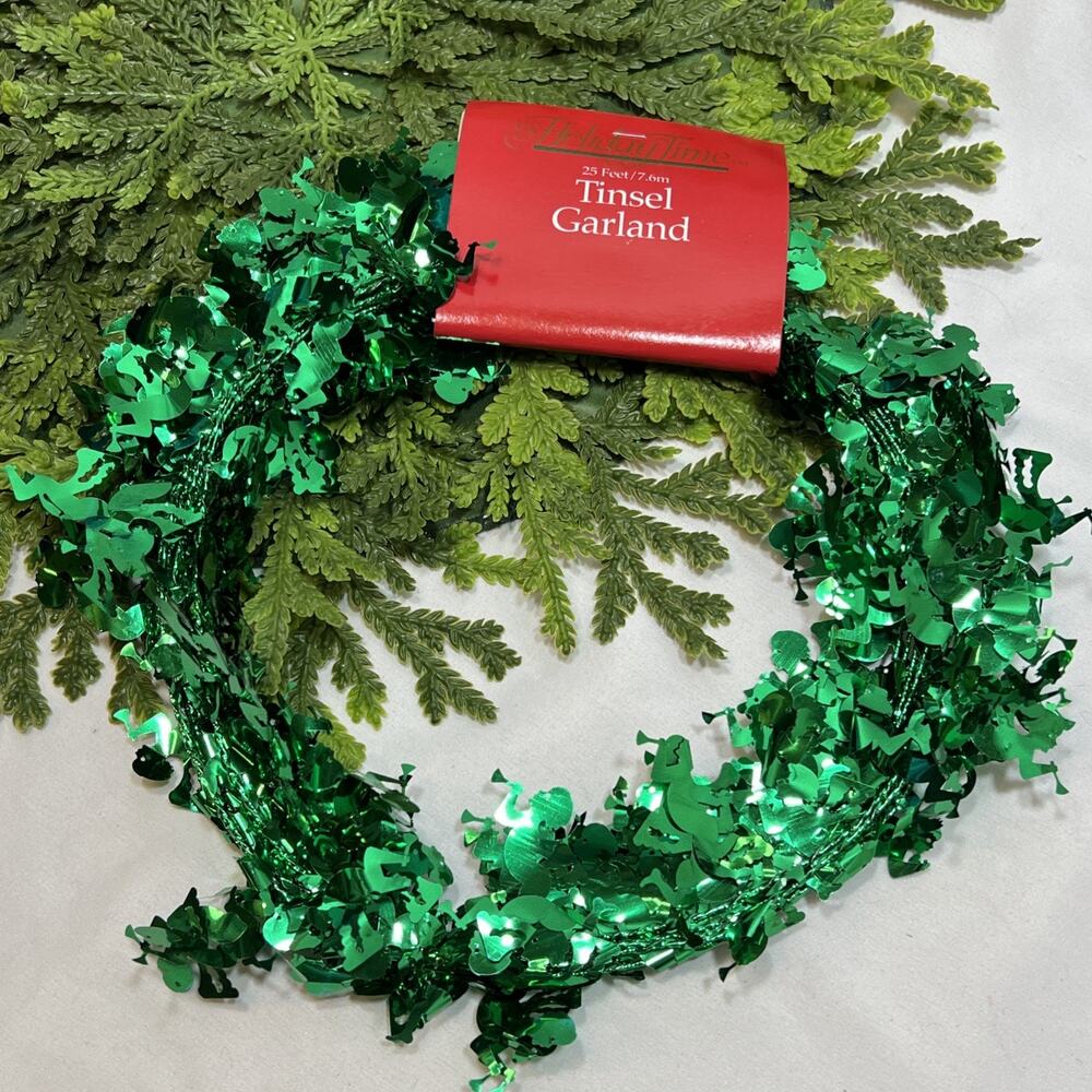 Vintage Green Foil Tinsel Angel Cherub Garland 25 Ft Total Wired Christmas NOS